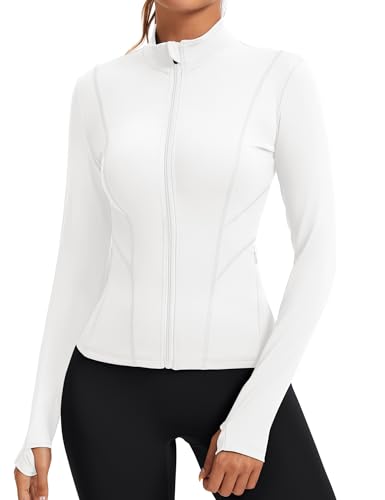 Rapbin Laufjacke Damen Langarm Gym Yoga Fitness Tops Sportjacke Atmungsaktive Running Jacken Leicht Fitness Workout Oberteil mit Daumenloch（Weiß，M）