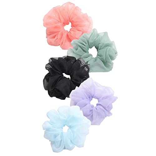 Daisy Del Sol 5 Pack Assorted Sheer Organza Earthy Pastel Solid Color Ponytail Holder Hair Scrunchies