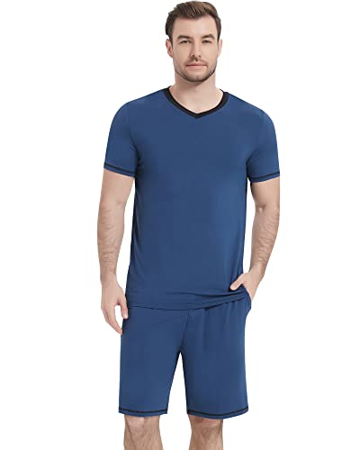 Image of NACHILA Pajamas for Men Pj Short Sleeve Sleepwear with Shorts V Neck Loungewear Cool Pajama,Viscose Made from Bamboo