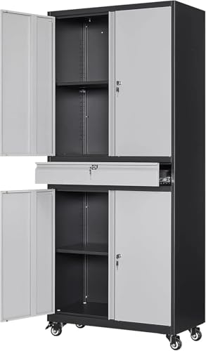 Estante De Almacenamiento Gabinete de almacenamiento de garaje de metal con puertas con cerradura y estantes ajustables Gabinete de almacenamiento de herramientas con ruedas Bolsa portaherramientas