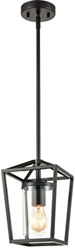 JEENKAE Industrial Black Pendant Lighting for Kitchen Island Vintage Cage Rod-Hanging Light with Clear Glass Cylinder Shade