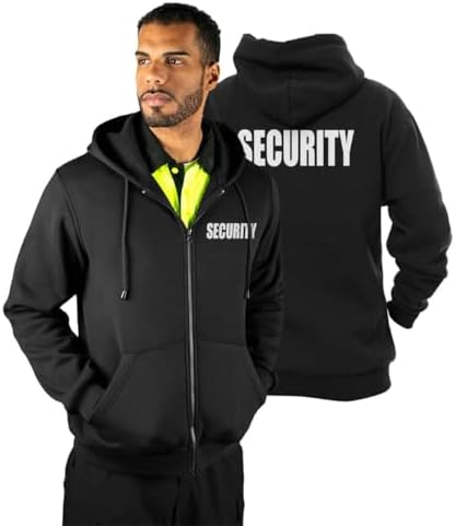 RYNO GEAR Men's Security Guard Silkscreen Front & Back Black Full Zip Hoodie, Fleece Hoodie.