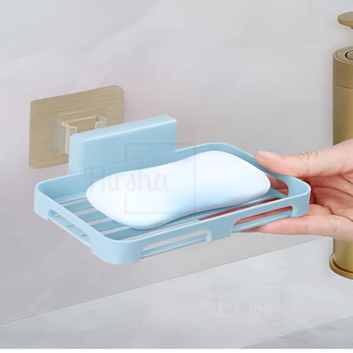 Image of Self Adhesive Soap Holder for Bathroom Wall | Plastic Soap Stand with Drain Tray | Wall Mounted Soap Dish | No Drilling Bathroom Soap Holder (02 Blue Rectangular)