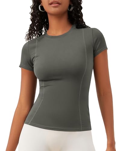 IECCP Womens Basic Short Sleeve Slim Fit T Shirts Soft Crewneck Tee Summer Cute Gym Yoga Running T Shirt Stretchy Work Out Top Sports T-Shirts Summer Tee Gray S