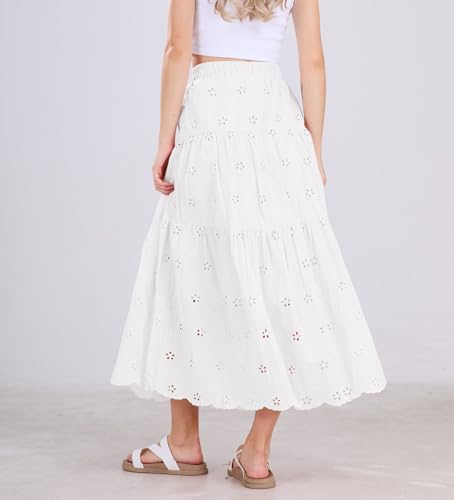 chouyatou Women's Lace Embroidery Eyelet Boho Skirt High Elastic Waisted Flowy Swing Midi Long Skirt3