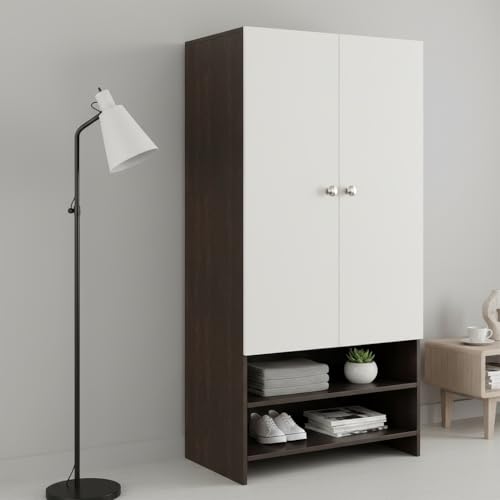 Image of FURNEASER YSH Engineered Wood Wardrobe Almirah for Clothes with 2 Doors & Open Shoe Rack | Wooden Closet Cabinet Organizer for Bedroom Living Room | Storage Cupboard (Wenge & White)