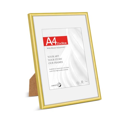 HIMEETIME 1x A4 21x29.7cm Picture Frames | Gold Matte Aluminum Metal | 21x30cm Certificate Frame with Shatterproof Acrylic Glass | Portrait & Landscape Wall Mount | Slim Profile