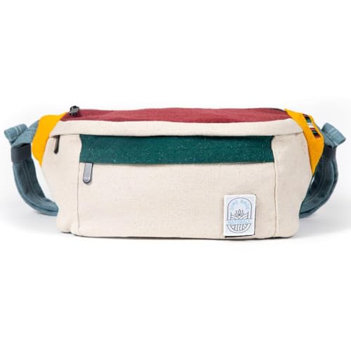 Dime Bags Oversized Fanny Pack, 100% Nepali Hemp Crossbody Waist Bag for Men & Women, Adjustable Strap, Multiple Pockets, Eco-Friendly Festival & Travel Bag,Boho & Neutral Colors, Reveller(Boho Cream)