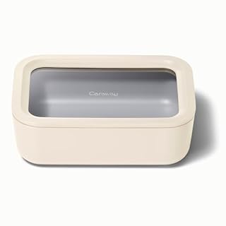 Caraway Glass Food Storage - 6.6 Cup Glass Container - Ceramic Coated Food Container - Non Stick Lunch Box Container with Lids - Dishwasher, Oven, & Microwave Safe - Cream