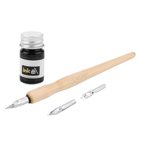 Set Plume de stylo Dip Porte-Stylo en Bois 3 Plumes en Acier Inoxydable Différentes et 1 Encre pour Dessin/Manga/Calligraphie/Comic