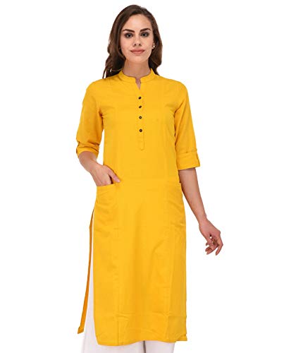 Image of Pistaa's Women's Cotton Relaxed Fit Straight Solid Kurta With Two Patch Pockets