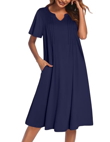 Ekouaer Nightgowns for Women Short Sleeve House Dress Pleated Moo Moos V Neck Lounge Dress with Pockets Navy Blue X-Large