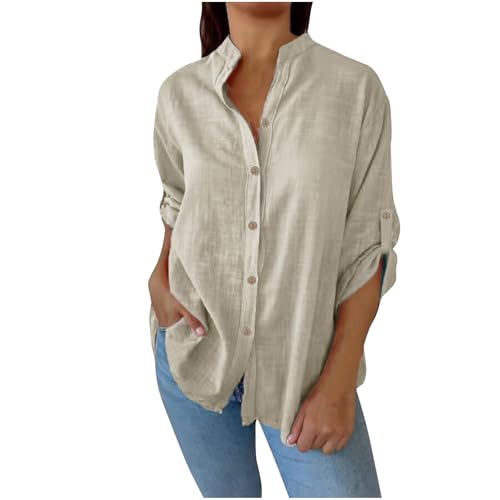 Notch V Neck Button Down Shirts for Women Summer Casual Cotton Linen Tops Rolled Up Long Sleeve Lightweight Blouses Beige