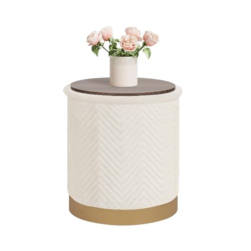 Bonlife Round Ottoman with Storage Pouffe, Folding Foot Stool with Lid, Velvet Vanity Stool for Living Room, Bedroom, Entryway, White, 37.5x37.5x42.5cm