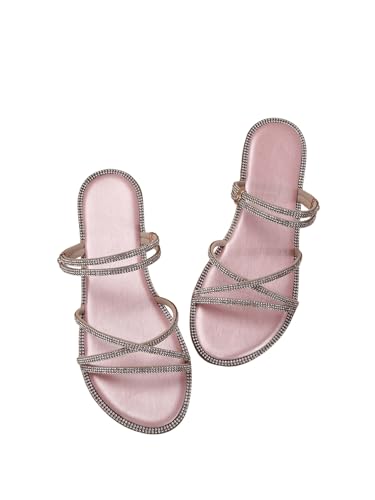 OYOANGLE Women's Rhinestone Strappy Open Toe Slide Sandals Slip on Casual Flat Sandals Pink 8.5