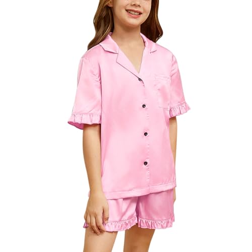 QPANCY Silk Pajamas for Girls Button Down 2 Piece Pj Sets Kids Satin Pajamas Ruffle Short Sleeve Sleepwear Loungewear