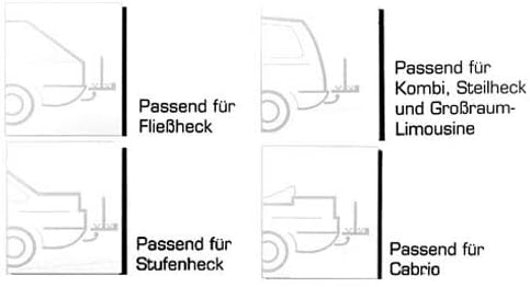 Diagrams illustrating compatibility with various car types: hatchback, station wagon, sedan, and convertible