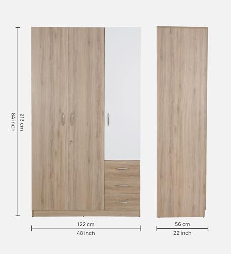 Image of Mintwud Pepperfry Engineered Wood Wardrobe with 3 Doors, 3 Drawers & 2 Hanging Rod | Wooden Almirah Cupboard for Clothes Storage Organizer for Living Room Bedroom Furniture (French Oak Finish)