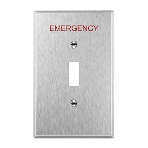 Image of ENERLITES Toggle Light Switch Metal Cover Plate with Emergency Label, Stainless Steel Wall Plate, Corrosion Resistant, Mid-Size 1-Gang 4.88 inch x 2.11 inch, 430 Stainless Steel, 7711M-E, Silver | Emergency label for safety; Mid-size 4.88 inch x 2.11 inch; Rust-proof stainless; Ideal for commercial use; 7711M-E