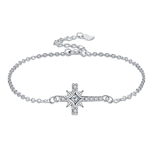Arrebol Cruz Pulsera Plata de Ley 925 para Mujer con Zirconia,Original Joyería Regalo para Mujer/Esposa/Hija/Novia,Ajustable(16+4cm)