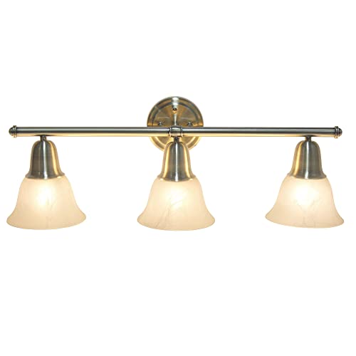 Image of Simple Designs VT1027-ABS 26.5 inch Classic 3 Light Straight Metal Bar & Frosted Marble White Bell Shape Glass Shades Decorative Wall Mounted Vanity Fixture for Bathroom, Entryway, Hallway, Antique Brass