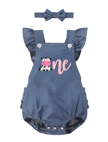 ODASDO Baby Girl Denim Romper 1st Birthday Cake Smash Outfit Ruffled Bodysuit Summer Jeans Jumpsuit with Headband