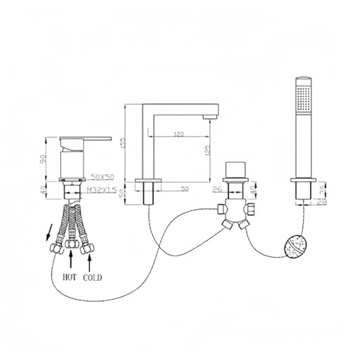 Robinet de bain 4 trous avec douche à tirer et mélangeur chrome LWX - 6