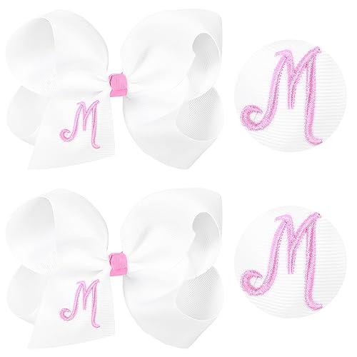 Image of DEEKA Initial Hair Bows 2 PCS 6" Monogrammed Bows Grosgrain Ribbon Alligator Clips Personalized Hair Accessories for Toddlers Girls Little Kids - White M