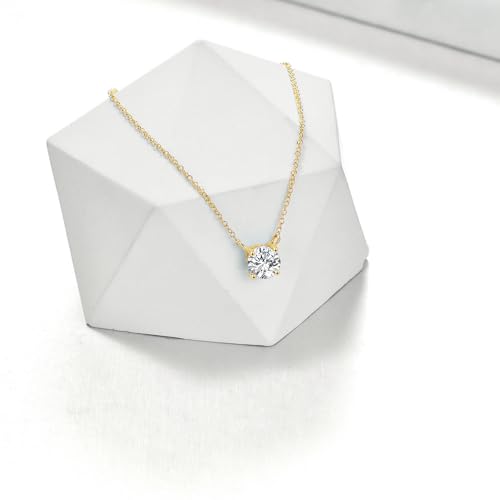 14K Solid Gold Moissanite Necklace 4-Prong Round Cut Moissanite Solitaire Diamond Necklace for Women Anniversary Jewelry Birthday Christmas Gifts for Her Mom Wife Sister, Available in 0.5CT-2CT, 16+2 Inch3