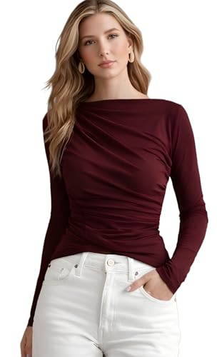 Image of SIGHTBOMB SOFTLINE Boat Neck Low Neck Drape Look Gathered Waterfall Afford LUX Edition Formal WEAR Long Sleeve Feather Touch TOP for Women