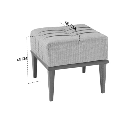 Puff Quadrado Para Sala de Linho Decorativo Modelo Hikaris Base em Madeira Maciça (Bege Claro)