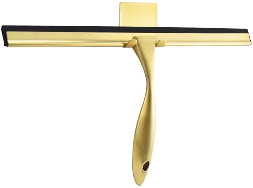 Image of OPERNEE Shower Squeegee with Self Adhesive Hook, 10 Inches Stainless Steel Squeegee Cleaner, All-Purpose Window Scraper for Bathroom Doors, Mirror, Windows and Car Glass, Brushed Gold