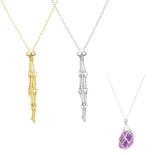 BEPSYOM 2 piezas de cordón para collar, soporte de piedra vacío, soporte de collar de cristal, cuerda ajustable para collar de amuleto indio(Oro, Plata)