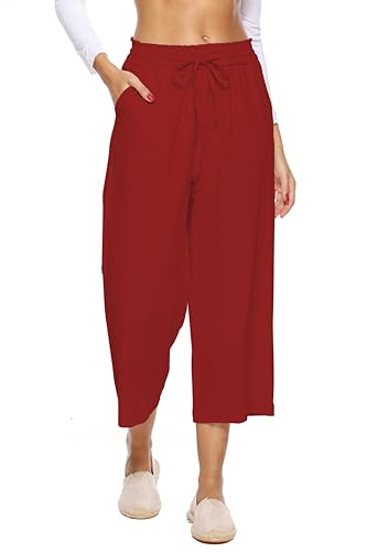 Image of LNX Womens Linen Capri Pants Wide Leg High Waisted Drawstring Casual Cropped Pants with Pockets