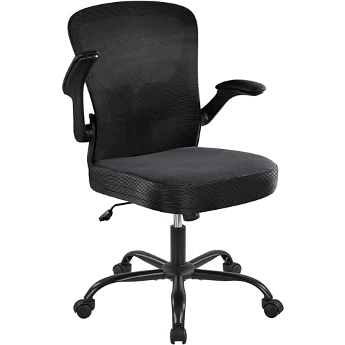 Yaheetech Sedia Ufficio Scrivania Ergonomica con Supporto Lombare Braccioli Regolabili, Sedia Scrivania con Ruote Girevoli in Rete Traspirante Reclinazione a Dondolo, Portata 136 kg Nera