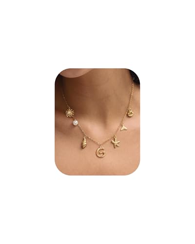 Initial Charm Necklace for Women, 18k Gold Plated Sea Shell Necklace, Dainty A-Z Letter Pendant Beach Charm Necklace, Gold Seashell Starfish Choker Necklace Surfer Boho Summer Jewelry Gifts (G)