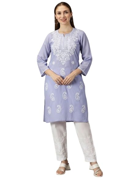 Image of FCH, Fashionable Chikan Handikraft Women's Cotton Lucknowi Chikankari Printed Straight Kurta for Regular Wear Girls Flared Kurta