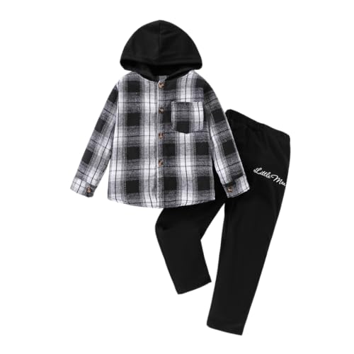 Image of OLMRJKD Toddler Baby Boy Clothes Plaid Long Sleeve Hoodie Sweatshirt + Pants 2pcs Boys Outfit Set