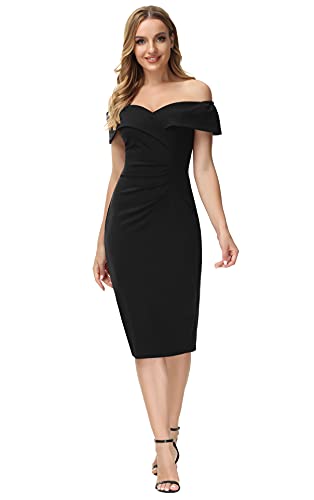 Women's Off Shoulder V Neck Ruched Bodycon Midi Elegant Cocktail Party Dress Wedding Guest Business Formal Black S #TOP1