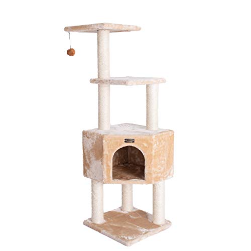 Torre para gatos 3 niveles madera real beige 48 pulg miniatura 1