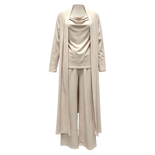 GOSEAGOTOFUN 3 Piece Lounge Sets for Women Crew Neck Tops Long Open Front Cardigan and Loose Pants Fall Travel Lounge Outfits 01-Beige Small - image 3