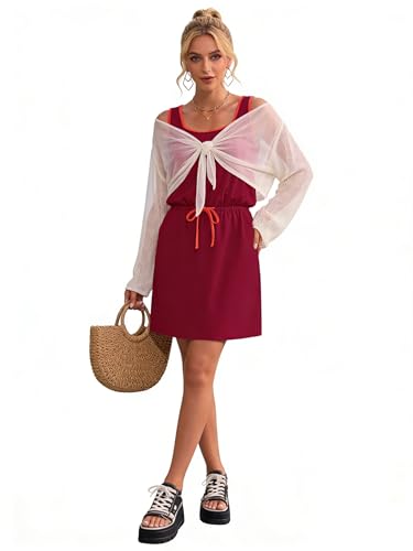 Image of AUSELILY Summer Dresses for Women Casual Sleeveless Drawstring Mini Dress | Sundress with drawstring waist & pockets. Casual beach cover up for summer vacation, pool and daily wear