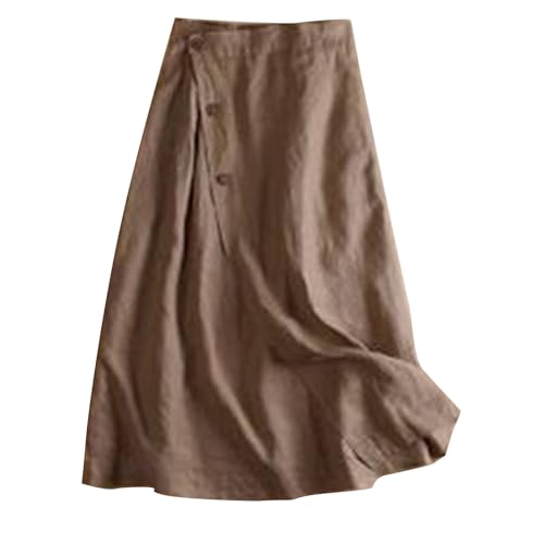 Vintage Linen Knee Length Skirts for Women Elastic Waist Button Down Midi A Line Skirt Oversized Summer Dress