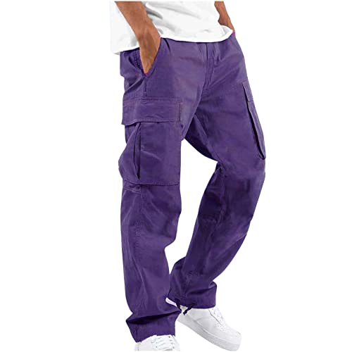 WENKOMG1 Mens Cotton Cargo Pants,Solid Elastic Waist Straight Leg Slacks Drawstring Trousers Slim Fit Bottoms for Men