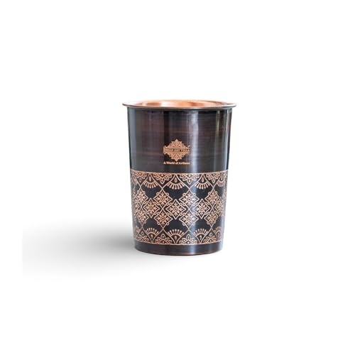 Image of INDIAN ART VILLA Copper Antique Dark Embossed Drinking Glass, Pure Copper Ayurvedic Water Tumbler for Home, Office, Restaurant Use, Traditional Drinkware Gift Item, 275 ML, Set of 1