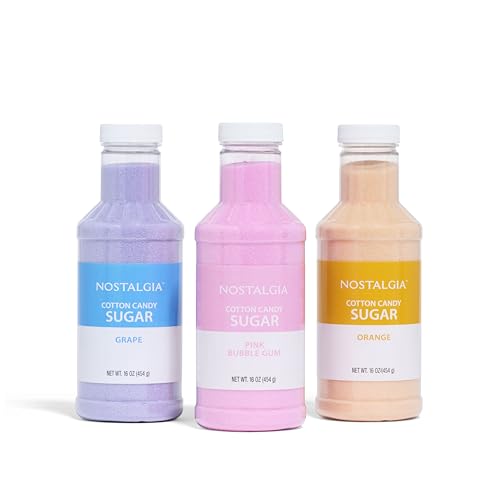 Image of Nostalgia Cotton Candy Flossing Sugar (3-Pack), Grape, Pink Bubble Gum, Orange - Three 16-oz Bottles of Cotton Candy Sugar Mix - 96 Small to Medium Cone Servings