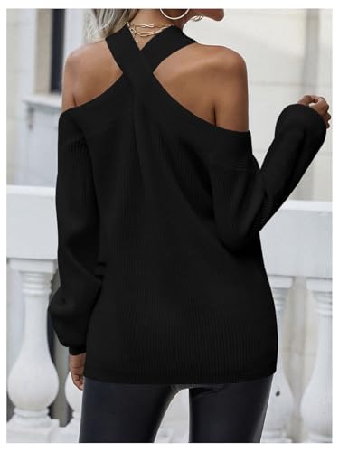 Image of MakeMeChic Women's Off The Shoulder Sweater Halter Criss Cross Knitted Fall Long Sleeve Pullover Sweaters Tops