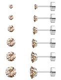 6 Pairs Hypoallergenic Cubic Zirconia Earrings Surgical Steel Flat Back Studs for Cartilage, Screw Back Fashion Jewelry