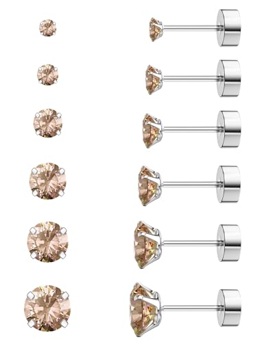 6 Pairs Hypoallergenic Cubic Zirconia Earrings Surgical Steel Flat Back Studs for Cartilage, Screw Back Fashion Jewelry
