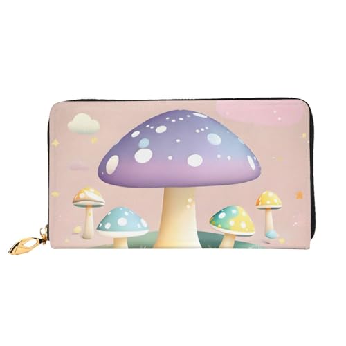 Leather Women Wallets, Long Credit Card Holder, Cartoon mushroom Print Billfold Clutch & Travel Purse Large Capacity